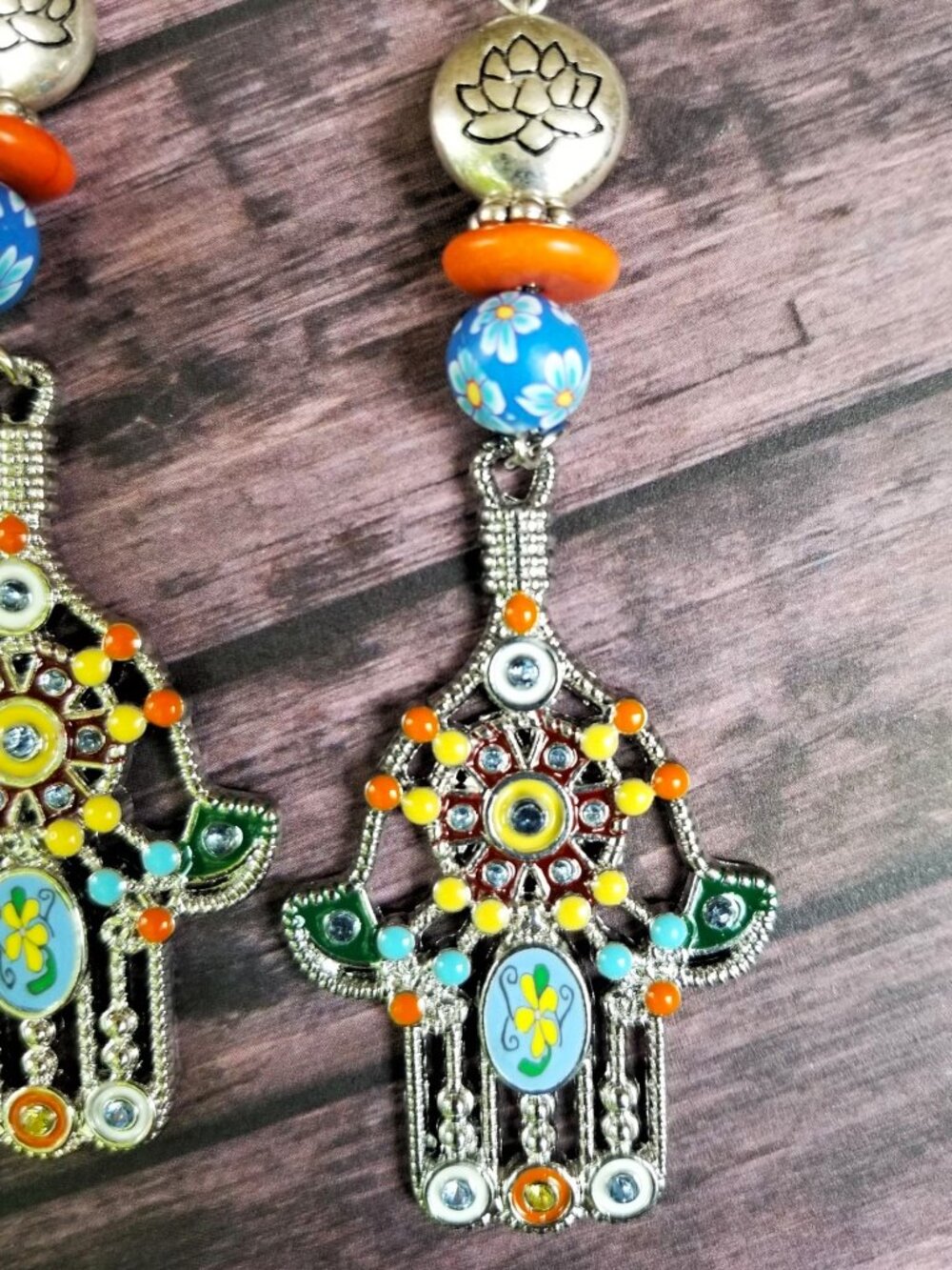 Artisan Boho Hamsa Hand Earrings, Lotus Floral Beads, Colorful Statement Dangle - Picture 2 of 4